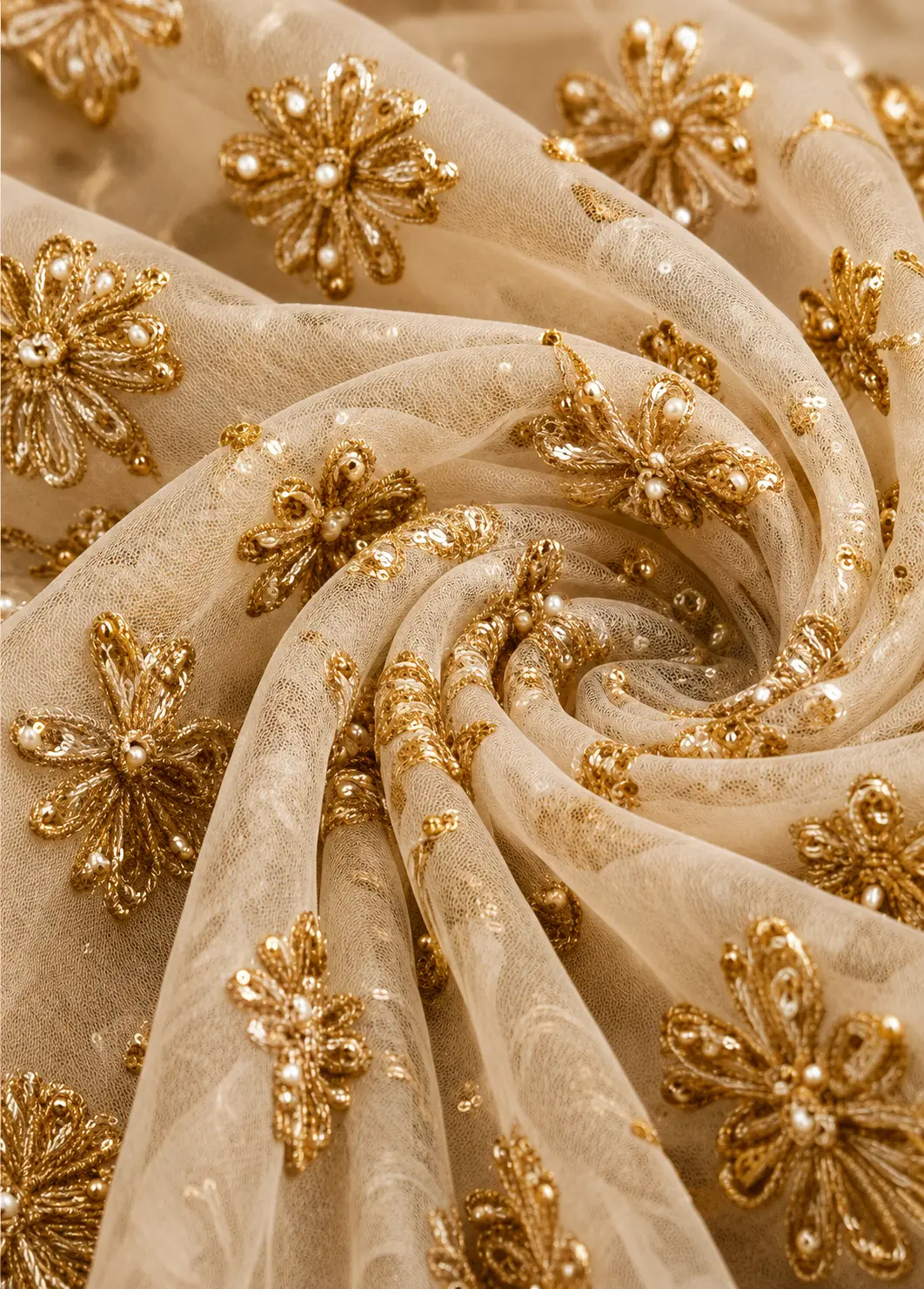Beige Net Engagement Lehenga with Curve V Neck Blouse
