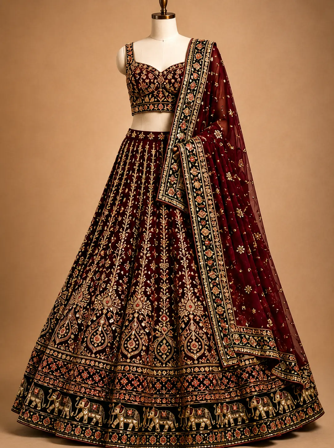 Zari Embroidered Bridal Lehenga with Signature Elephant Border