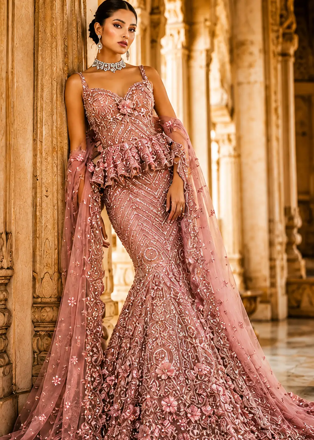 Dusty Rose Pink Heavily Embroidered Mermaid Lehenga