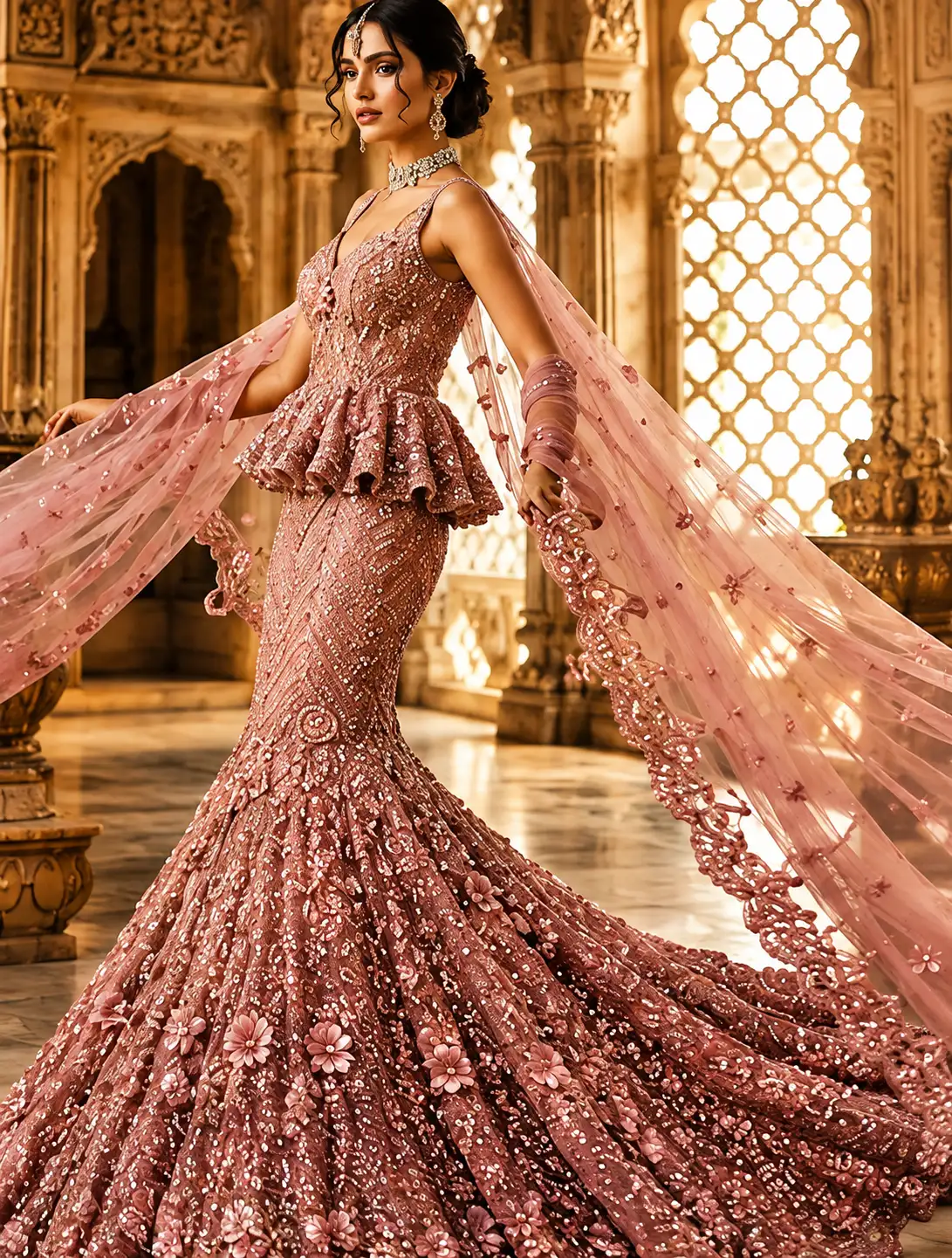 Dusty Rose Pink Heavily Embroidered Mermaid Lehenga