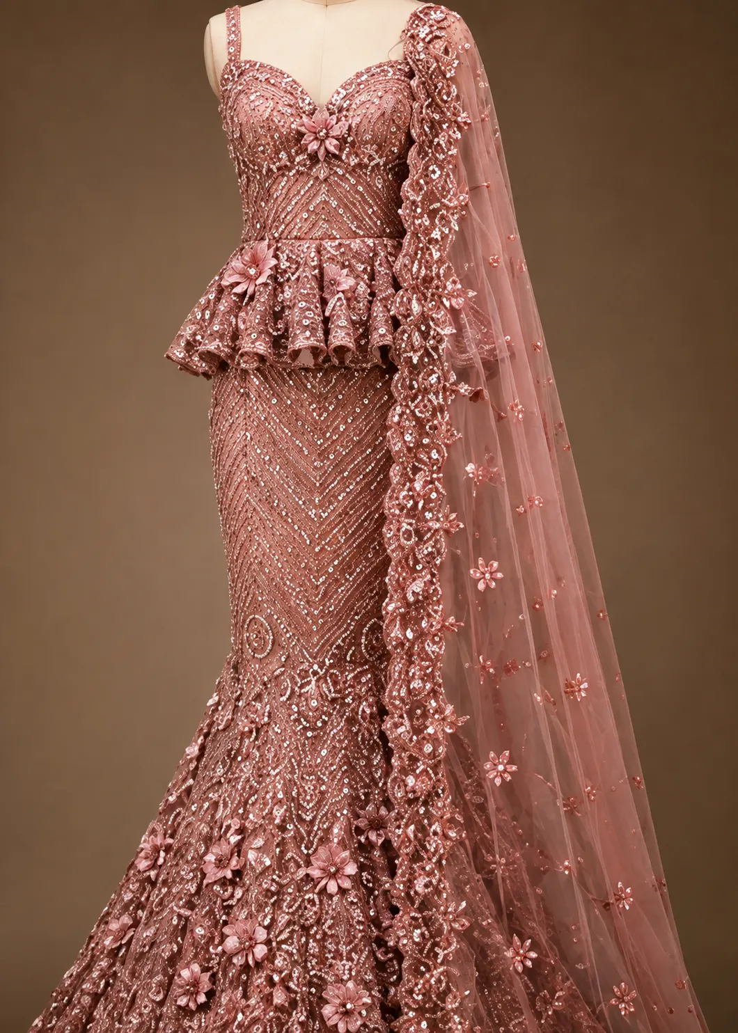 Dusty Rose Pink Heavily Embroidered Mermaid Lehenga