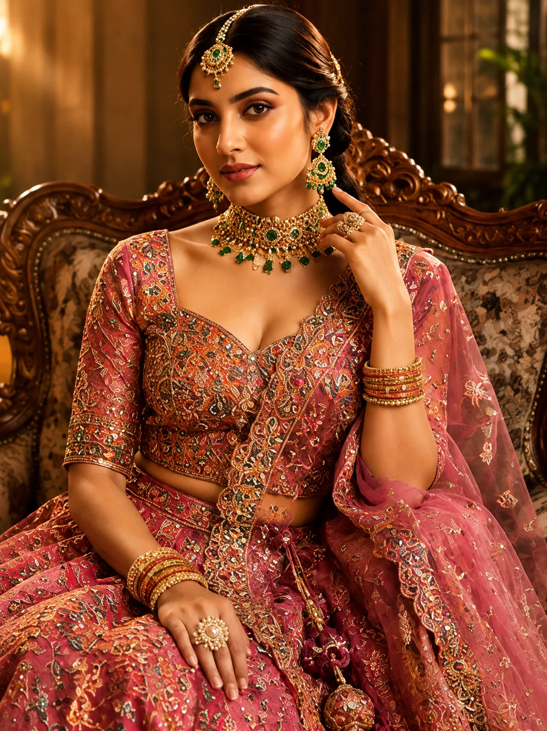 Deep Rose Pink Embellished Shimmer Tissue Silk Lehenga Set