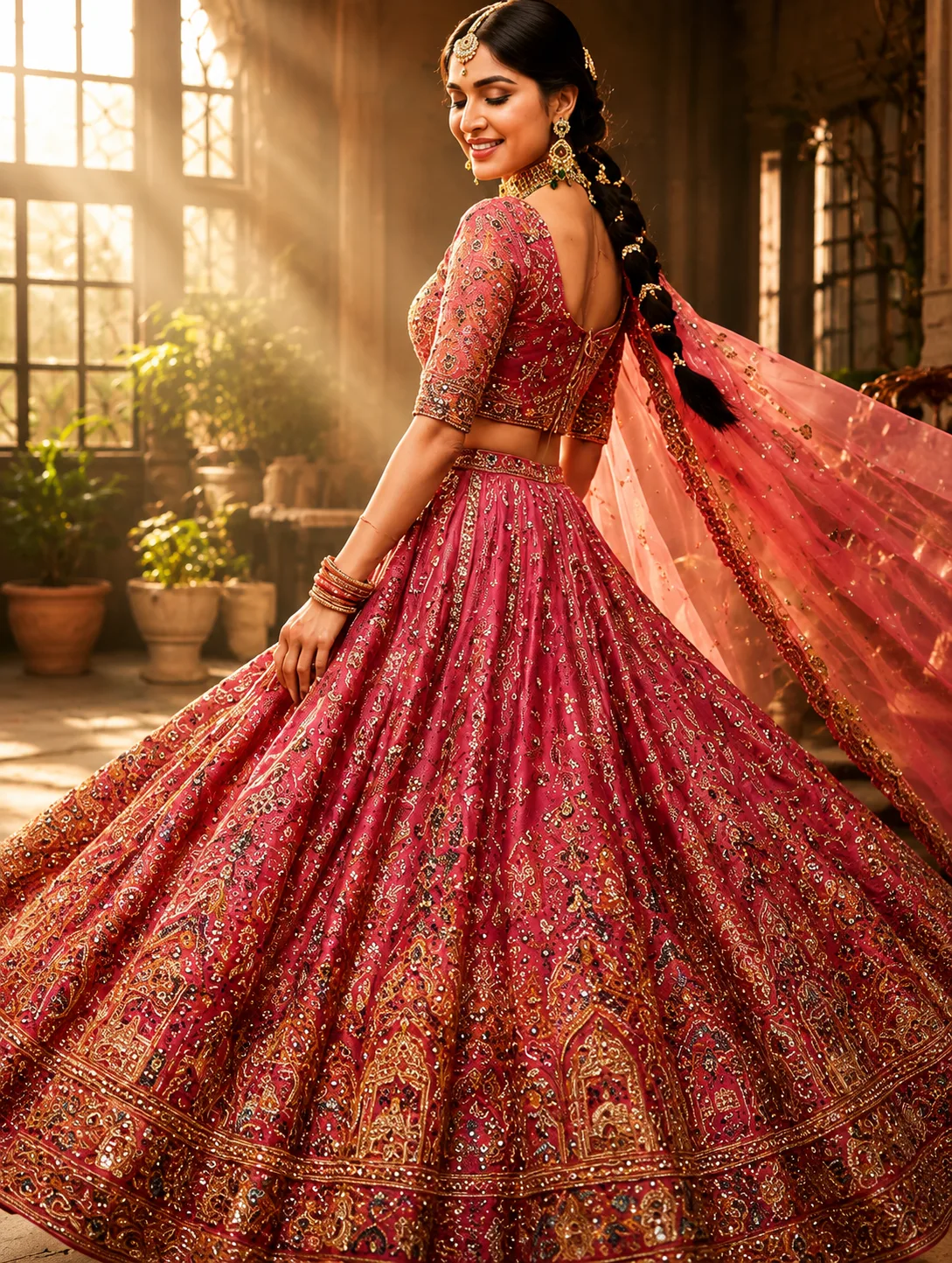 Deep Rose Pink Embellished Shimmer Tissue Silk Lehenga Set