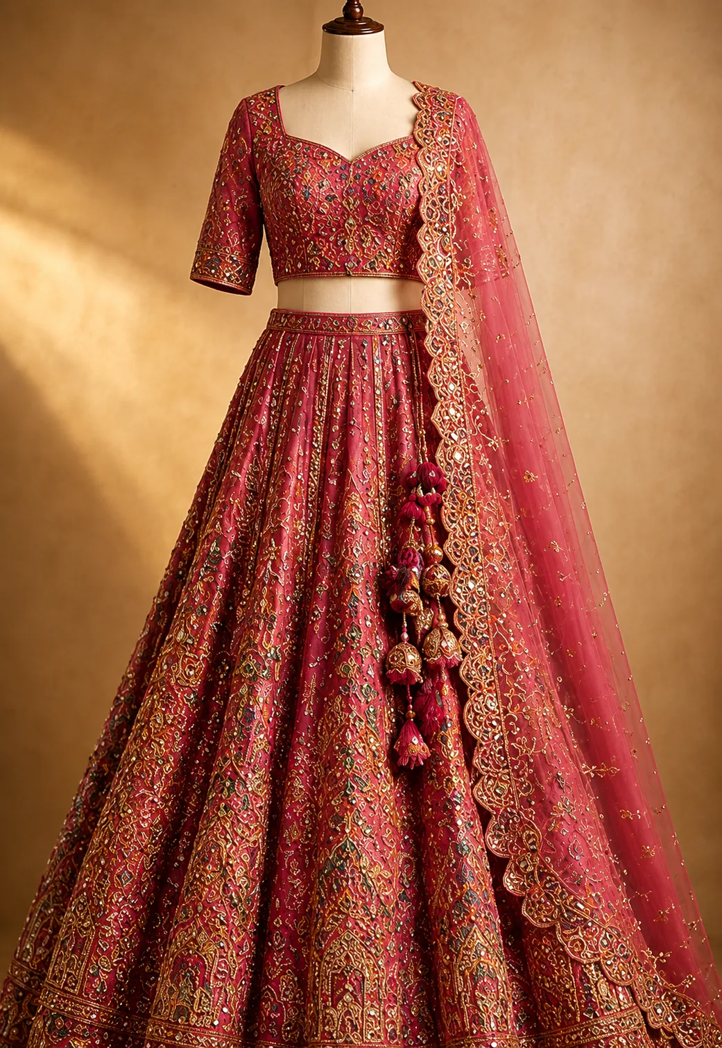 Deep Rose Pink Embellished Shimmer Tissue Silk Lehenga Set