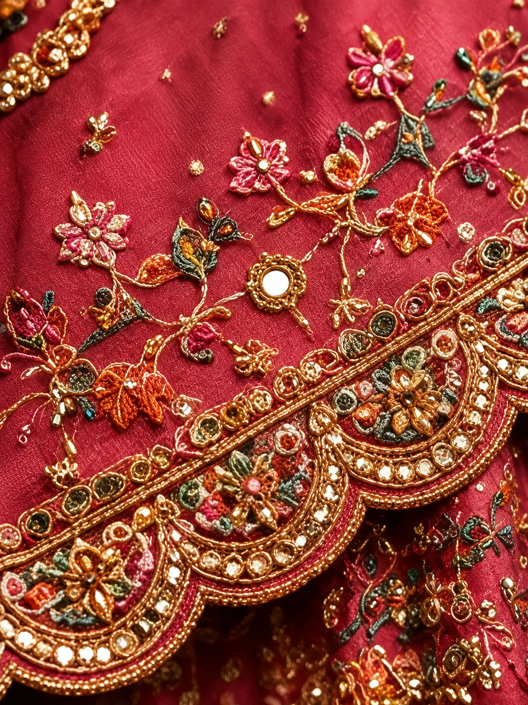 Deep Rose Pink Embellished Shimmer Tissue Silk Lehenga Set