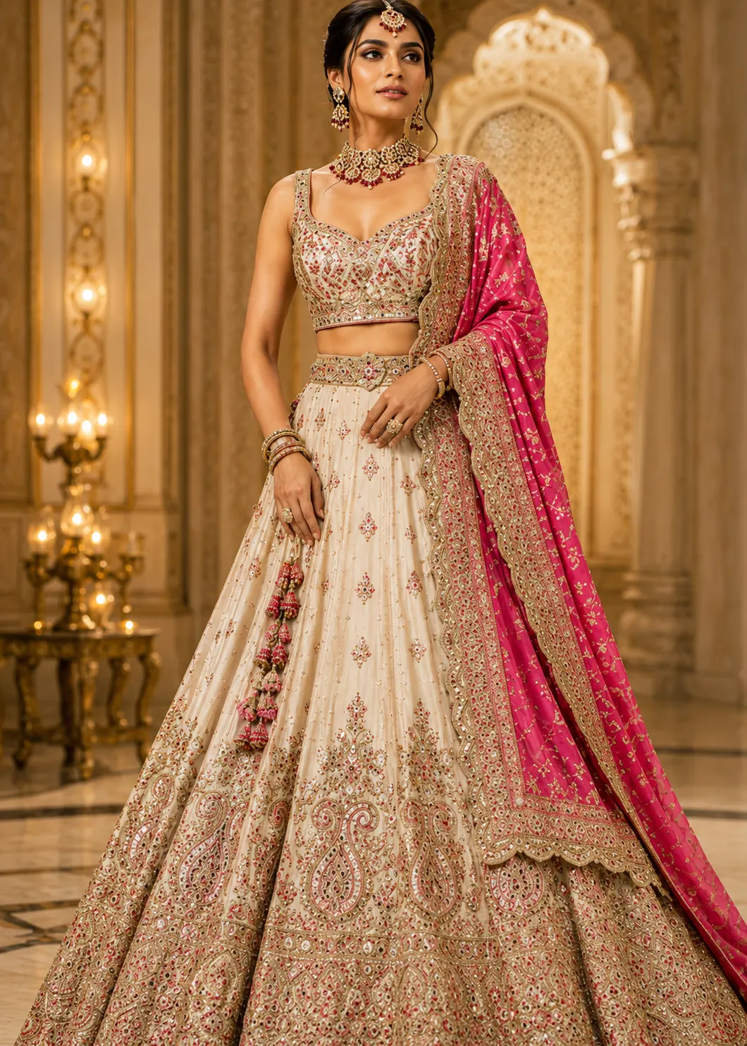 Pink and Cream Chinon Lehenga with Hand Embellished Skirt