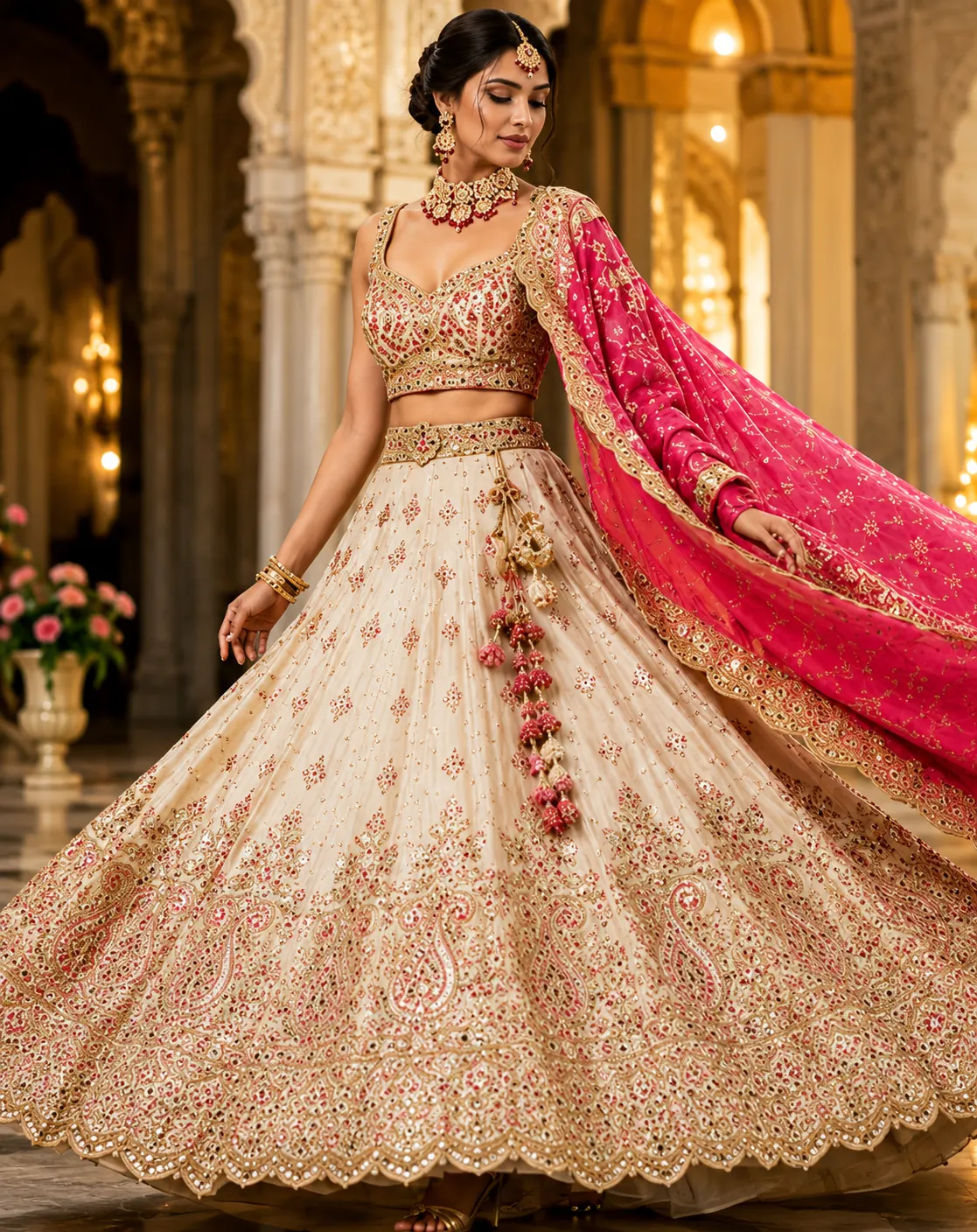 Pink and Cream Chinon Lehenga with Hand Embellished Skirt