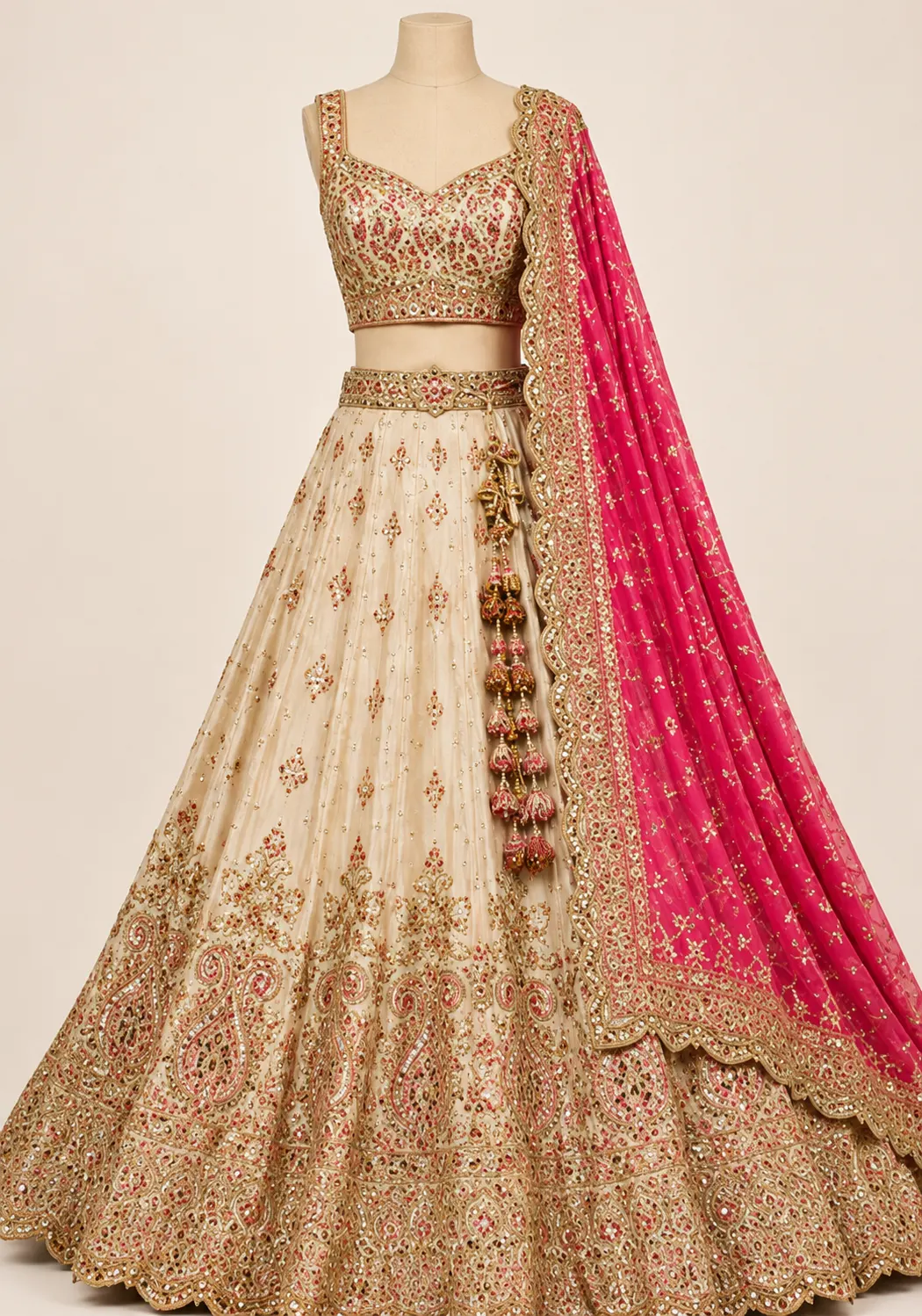 Pink and Cream Chinon Lehenga with Hand Embellished Skirt