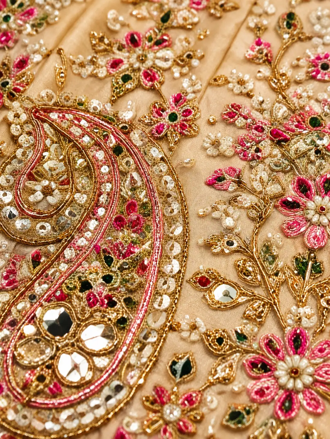 Pink and Cream Chinon Lehenga with Hand Embellished Skirt