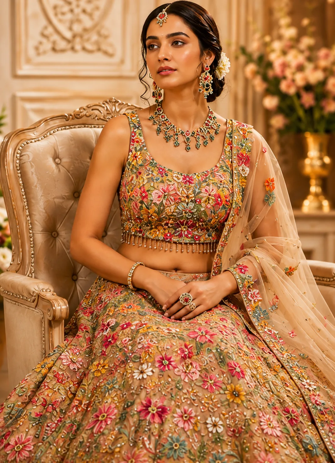Chikoo Georgette multicolor thread wedding lehenga choli