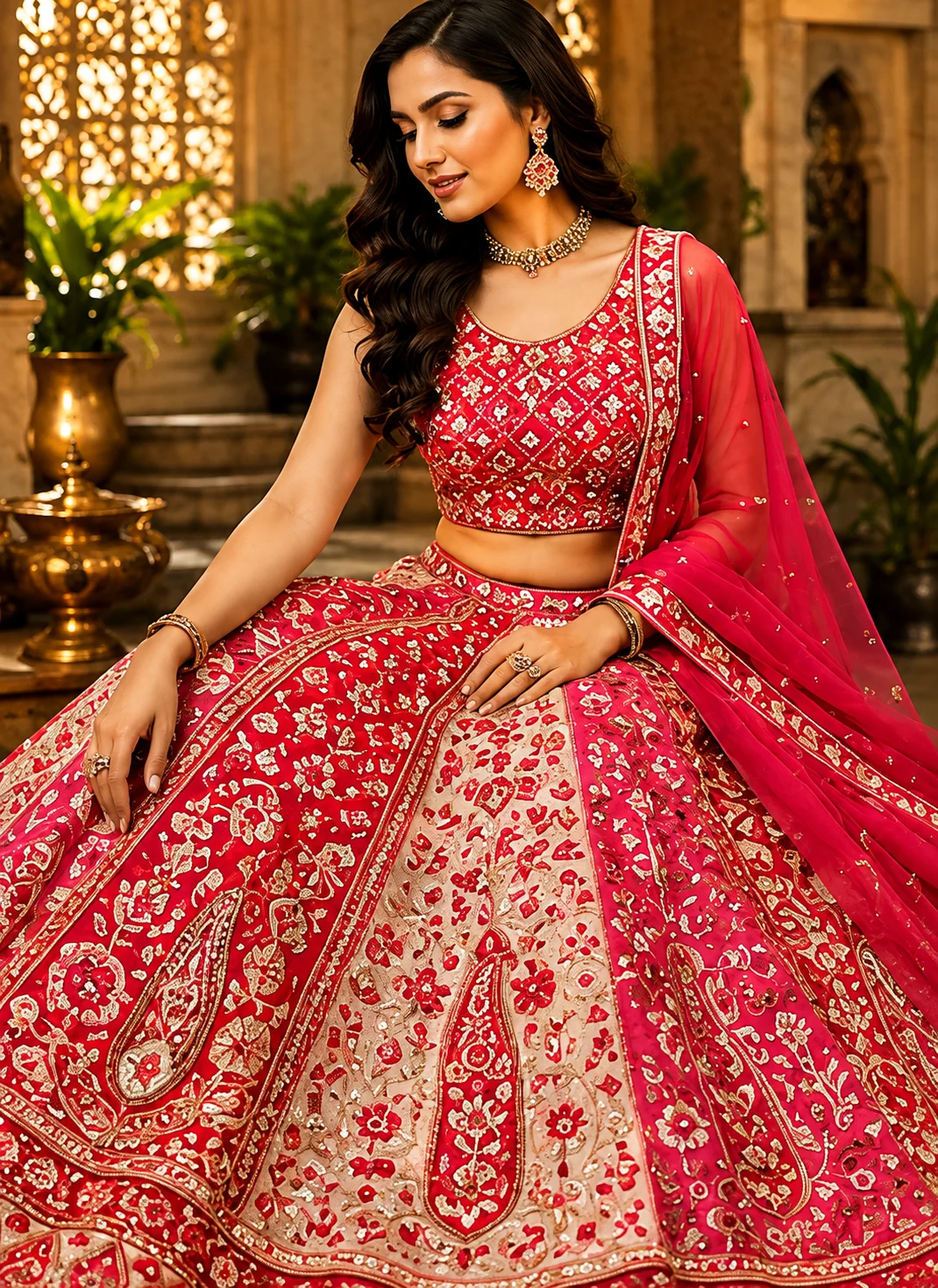 Red -Pink Sequins Embroidery Wedding Lehenga Choli