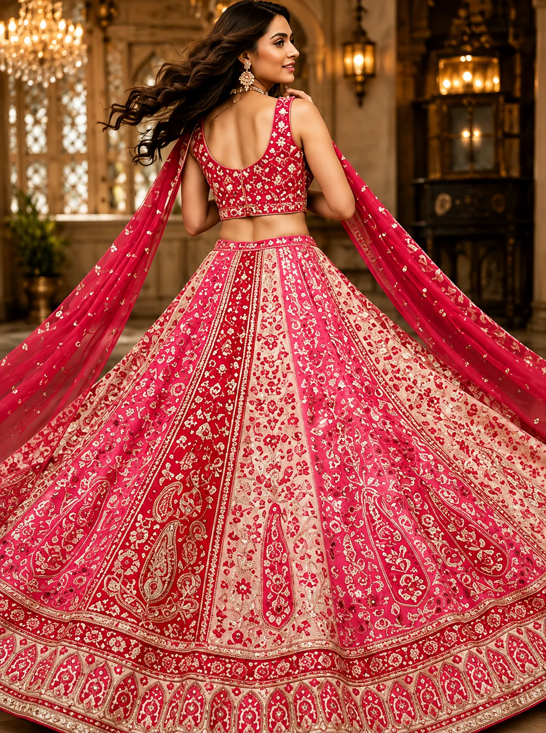 Red -Pink Sequins Embroidery Wedding Lehenga Choli