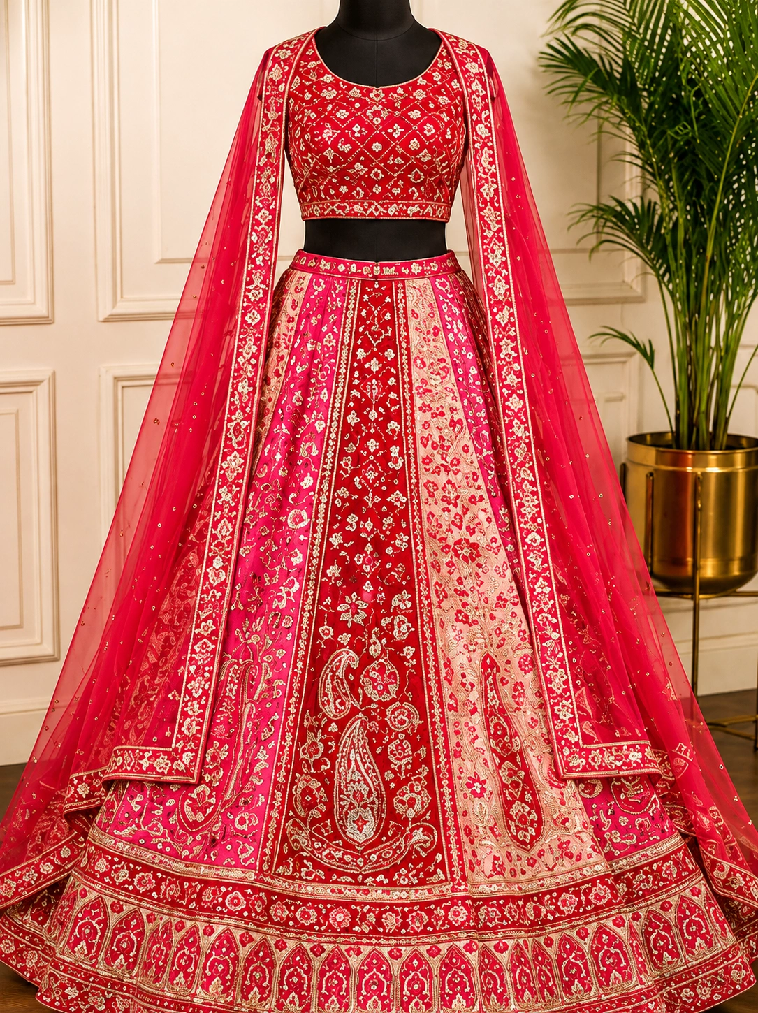 Red -Pink Sequins Embroidery Wedding Lehenga Choli