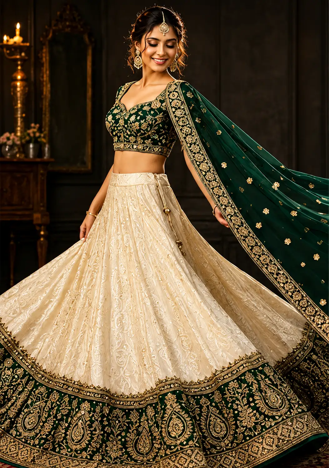White And Green Colored Chinon Fabric Lehenga Choli