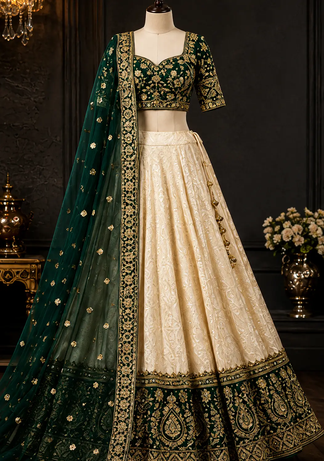 White And Green Colored Chinon Fabric Lehenga Choli