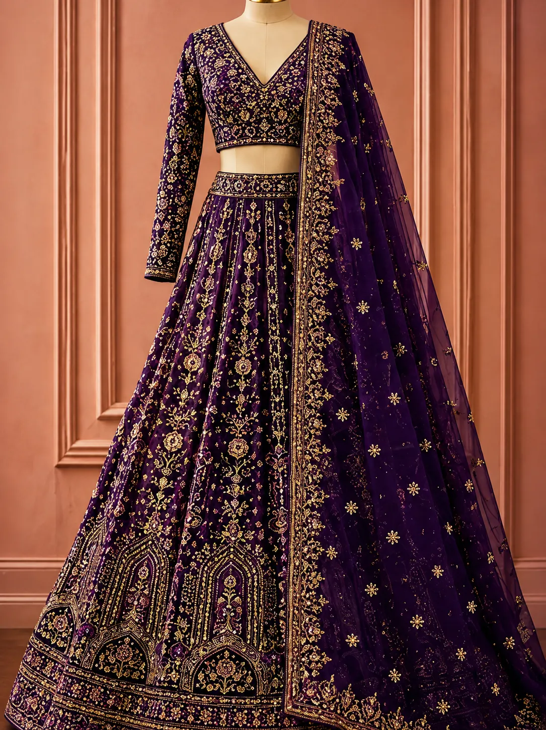Deep Purple Tissue Lehenga with Delicate Embroidery & Dupatta