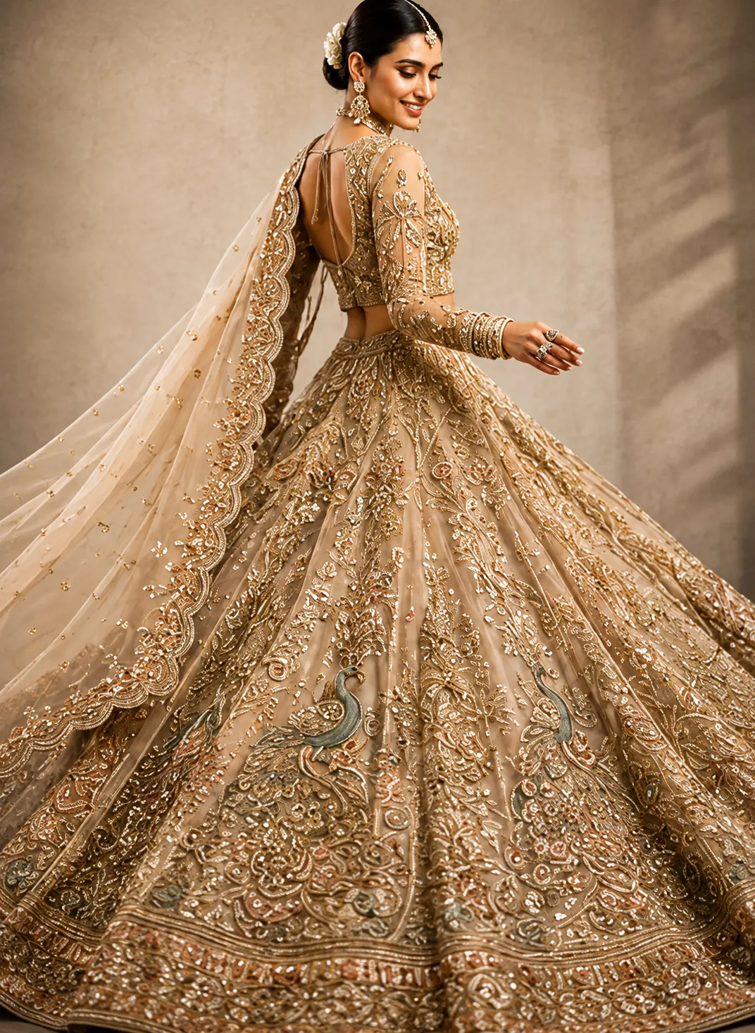 Soft Fawn Sitara Embroidered Lehenga with Peacock Motifs