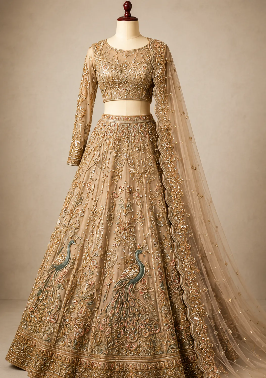 Soft Fawn Sitara Embroidered Lehenga with Peacock Motifs
