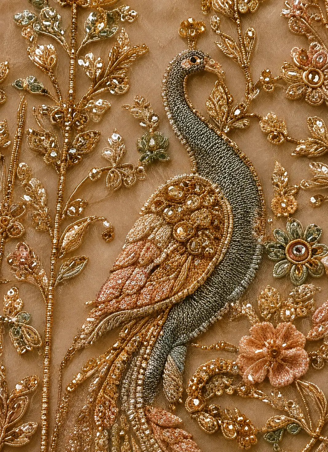 Soft Fawn Sitara Embroidered Lehenga with Peacock Motifs