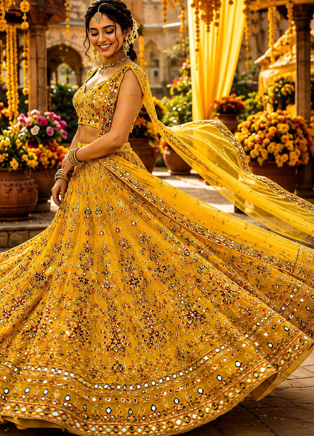 Yellow Georgette Mirror Embroidery Work Lehenga Choli