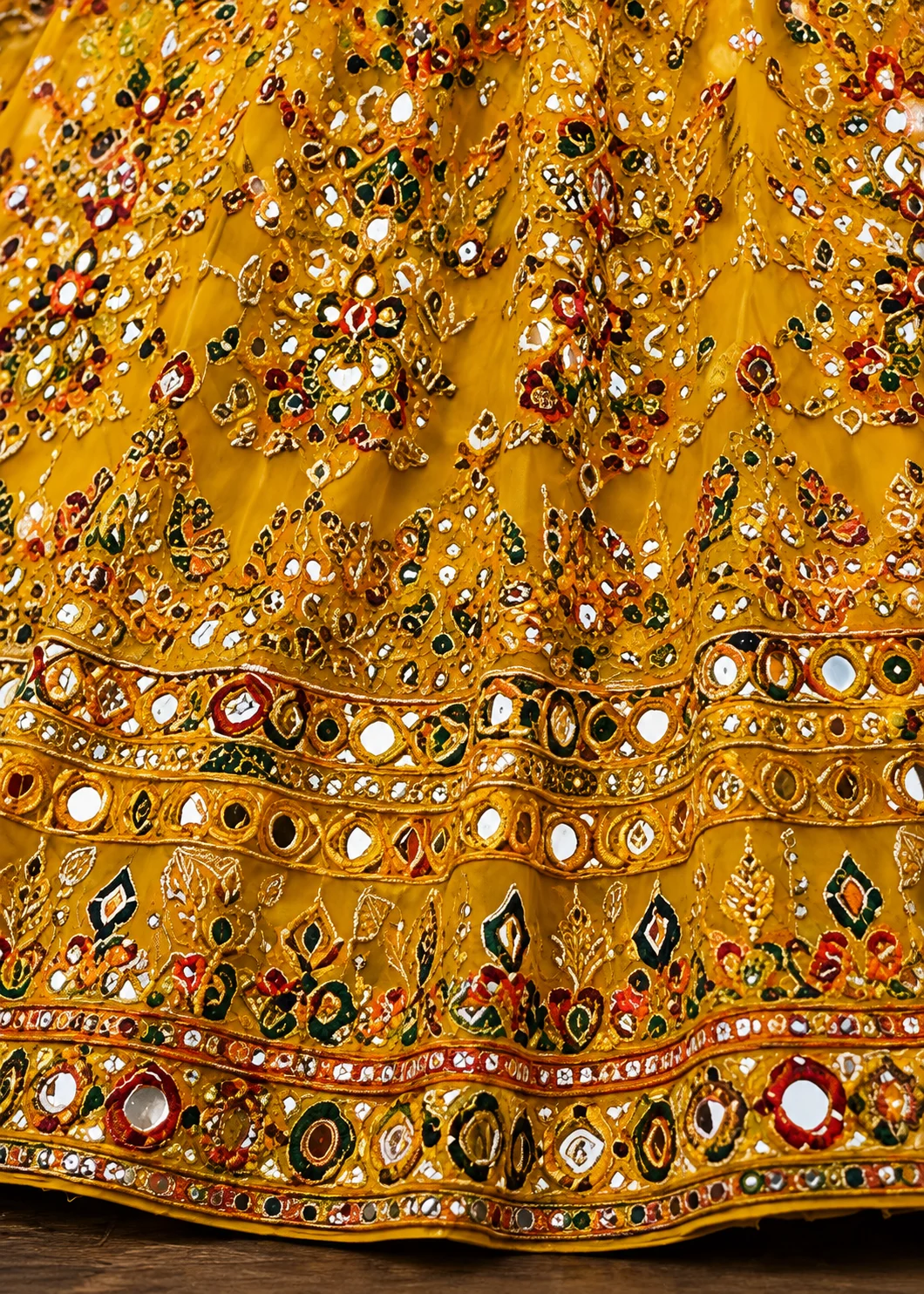 Yellow Georgette Mirror Embroidery Work Lehenga Choli