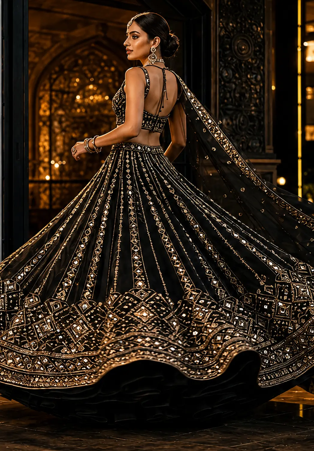 Black organza silk wedding mirror look lehenga choli