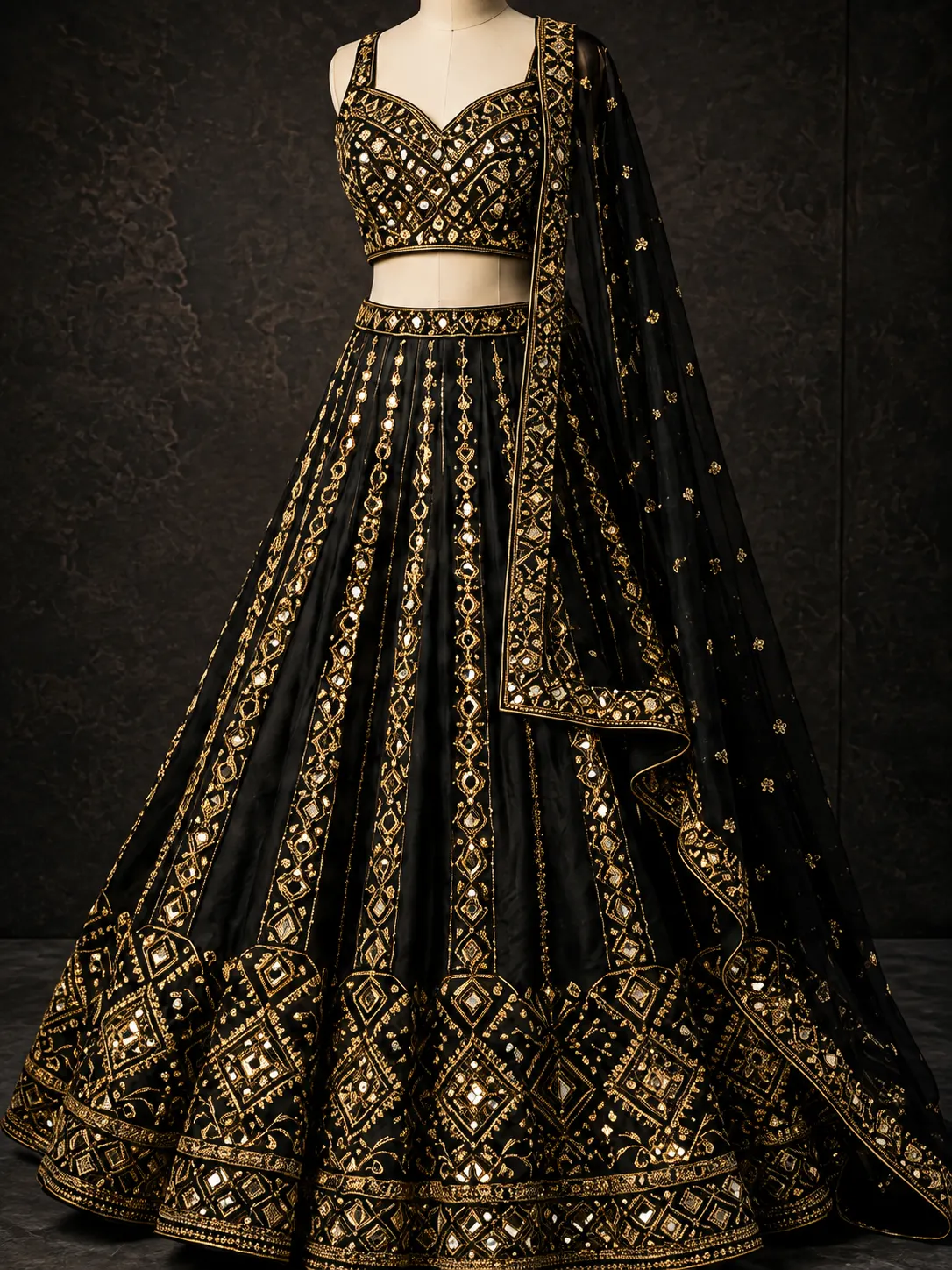 Black organza silk wedding mirror look lehenga choli