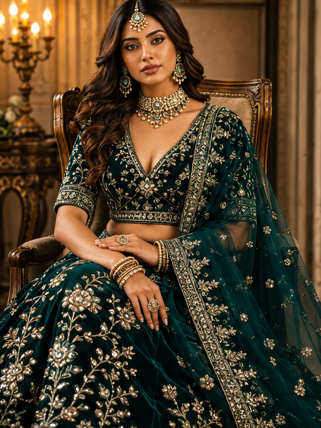 Bottle green colored designer velvet lehenga choli