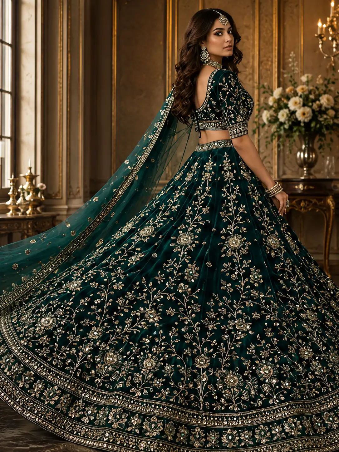 Bottle green colored designer velvet lehenga choli