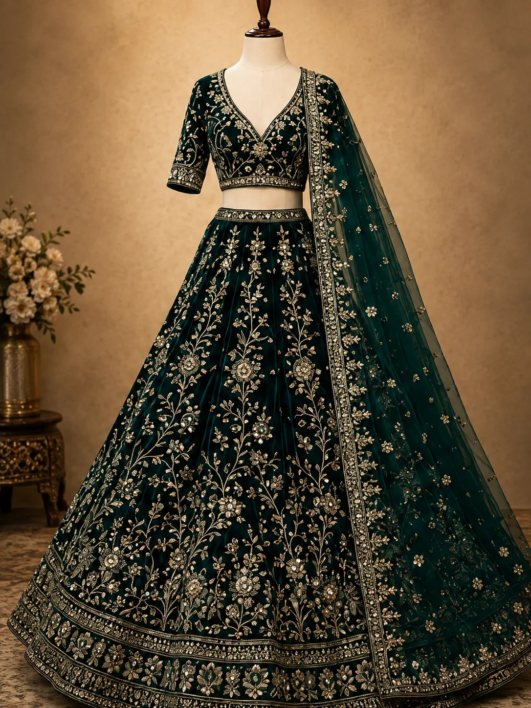 Bottle green colored designer velvet lehenga choli