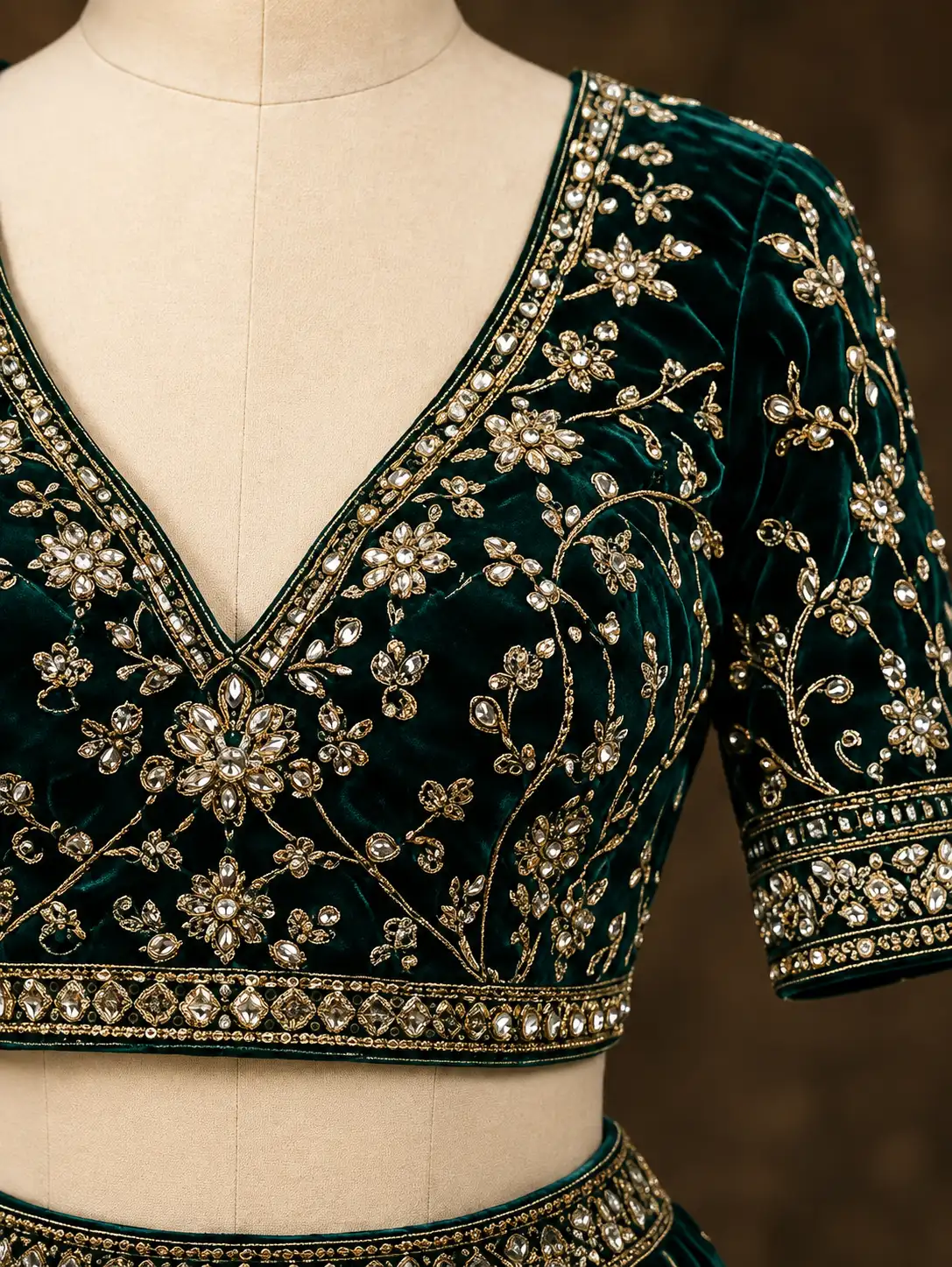 Bottle green colored designer velvet lehenga choli
