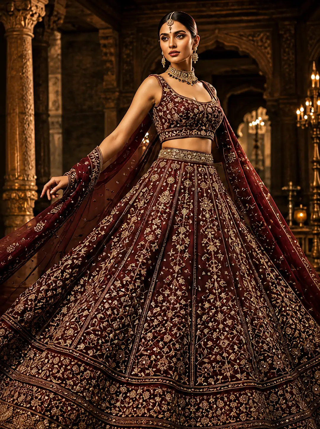 Dark maroon taffeta silk embroidered designer lehenga choli