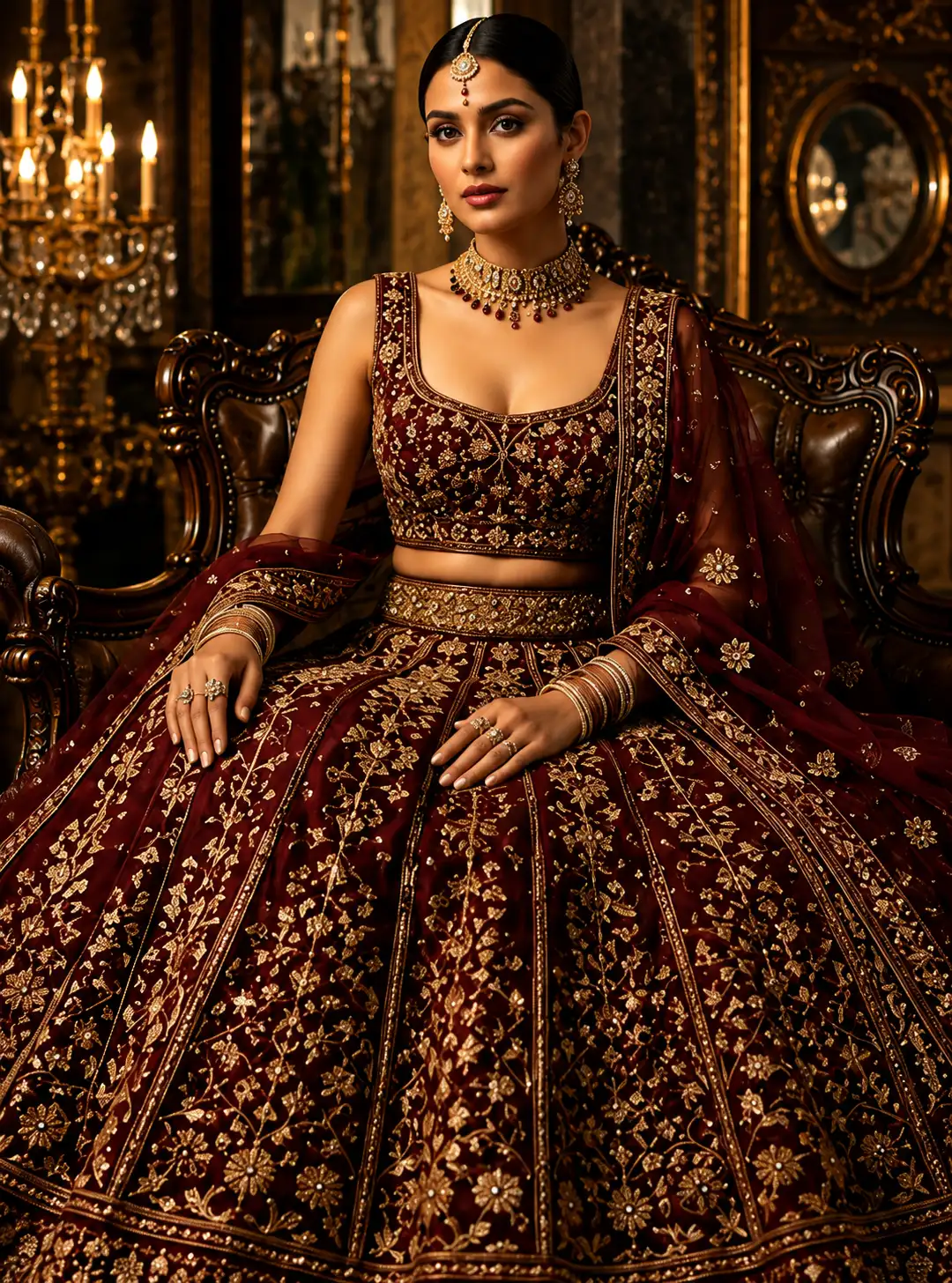 Dark maroon taffeta silk embroidered designer lehenga choli