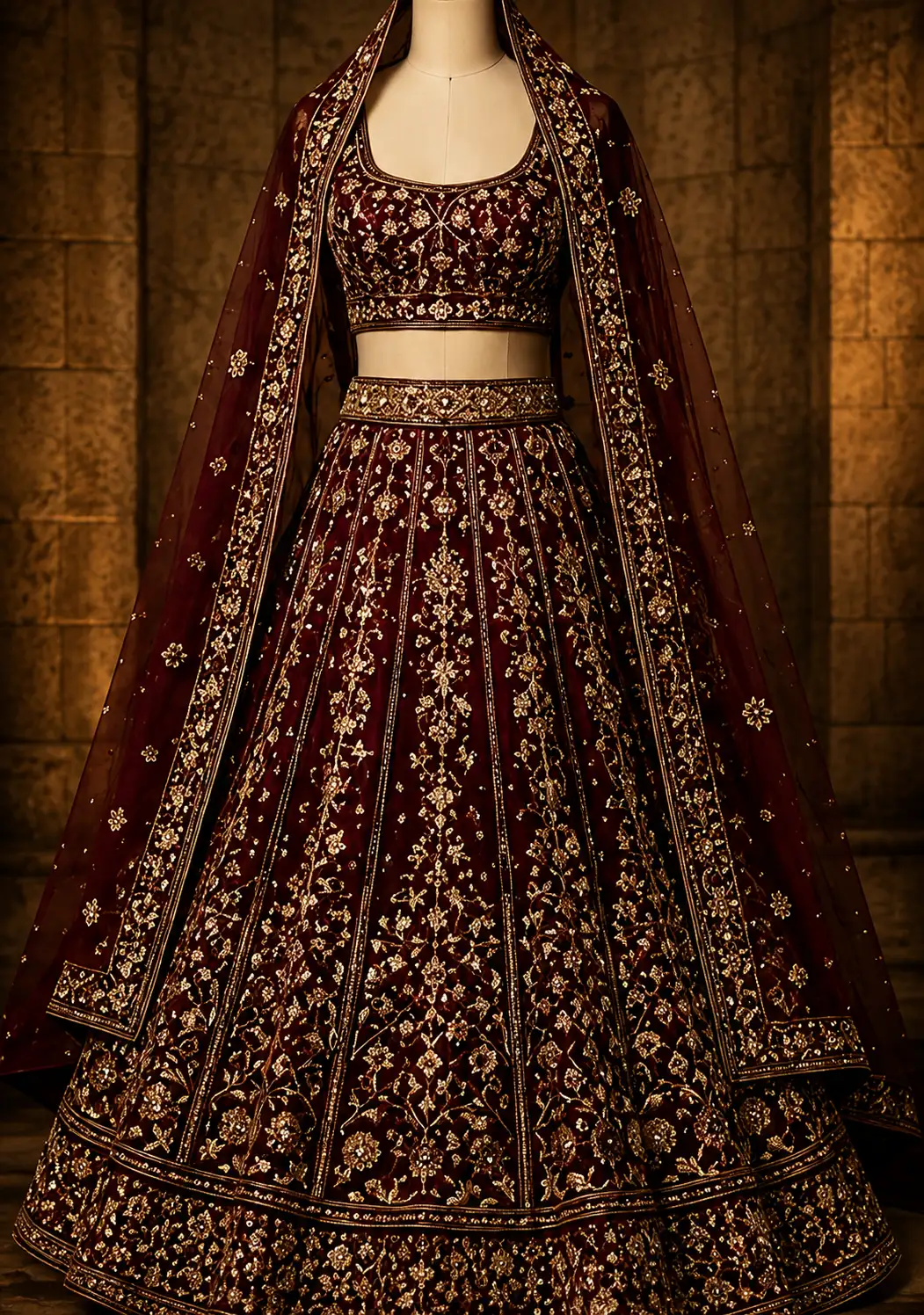 Dark maroon taffeta silk embroidered designer lehenga choli