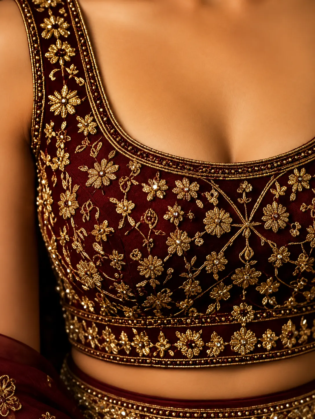 Dark maroon taffeta silk embroidered designer lehenga choli