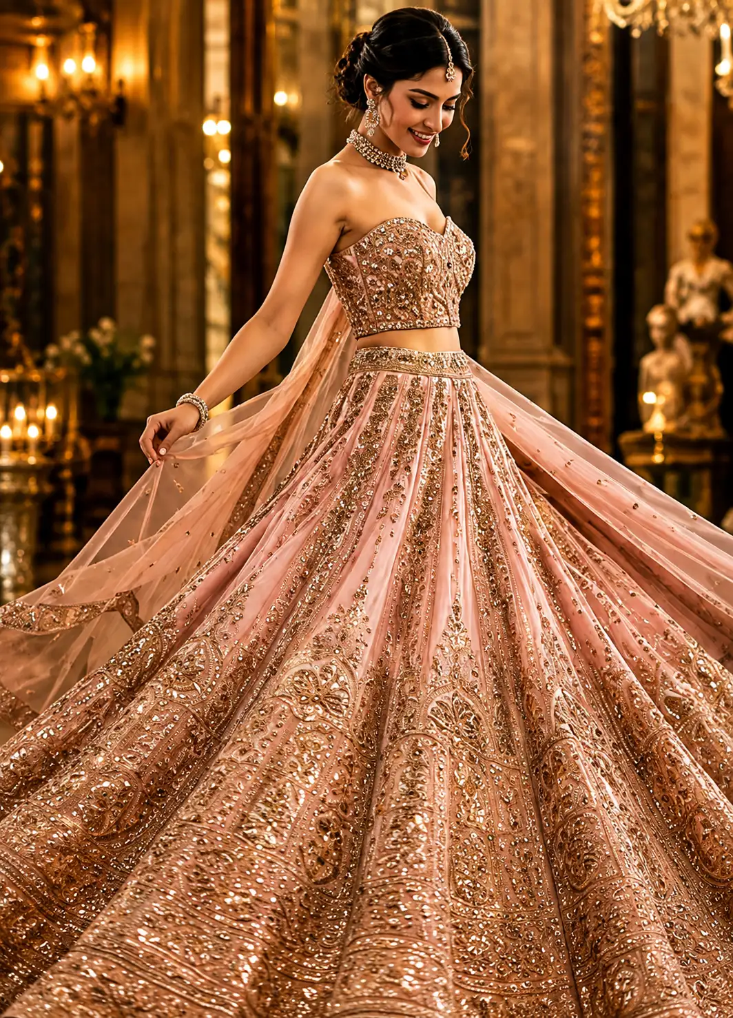 Peach colored cotton silk designer lehenga choli