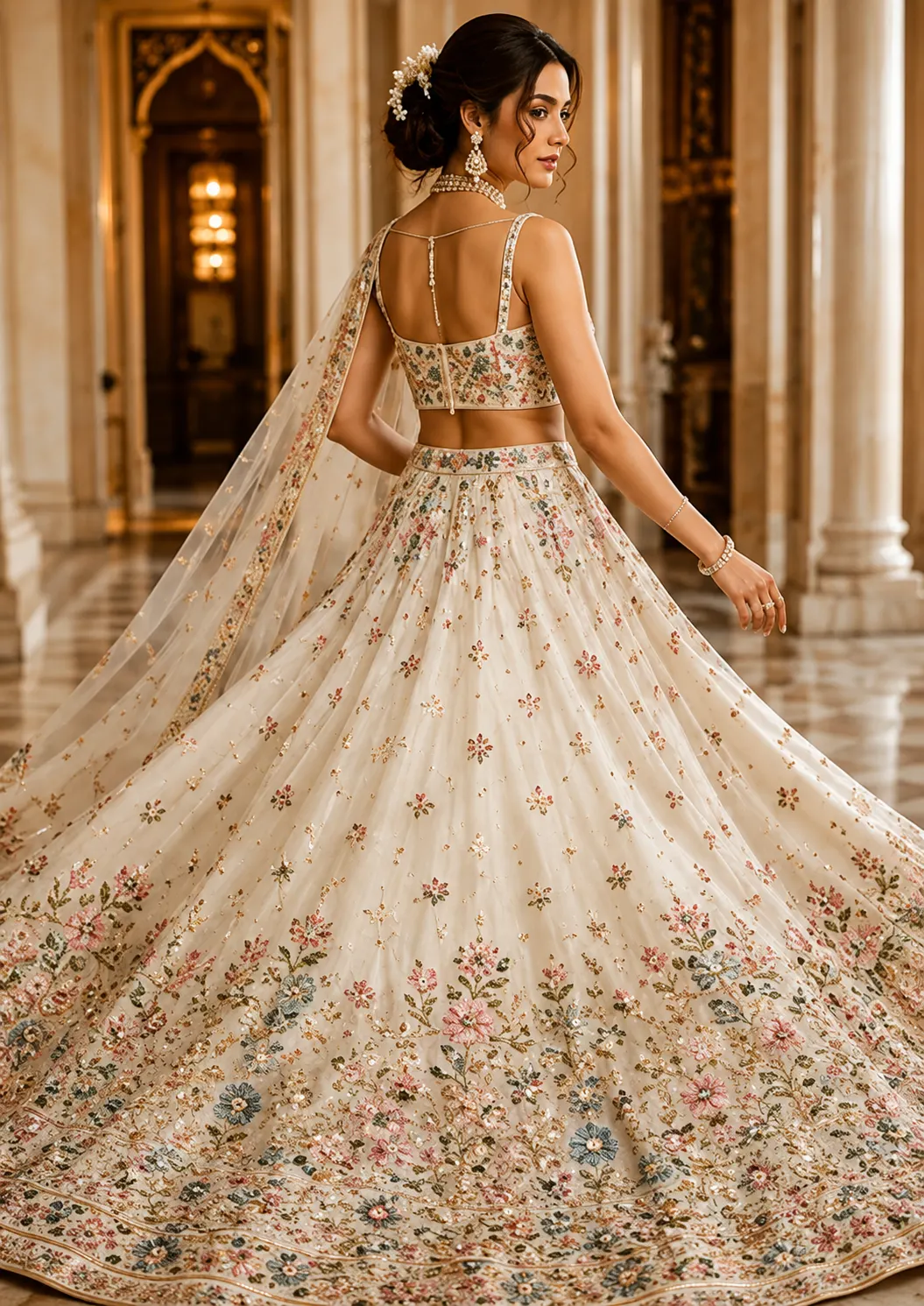 Cream color georgette embroidery lehenga choli