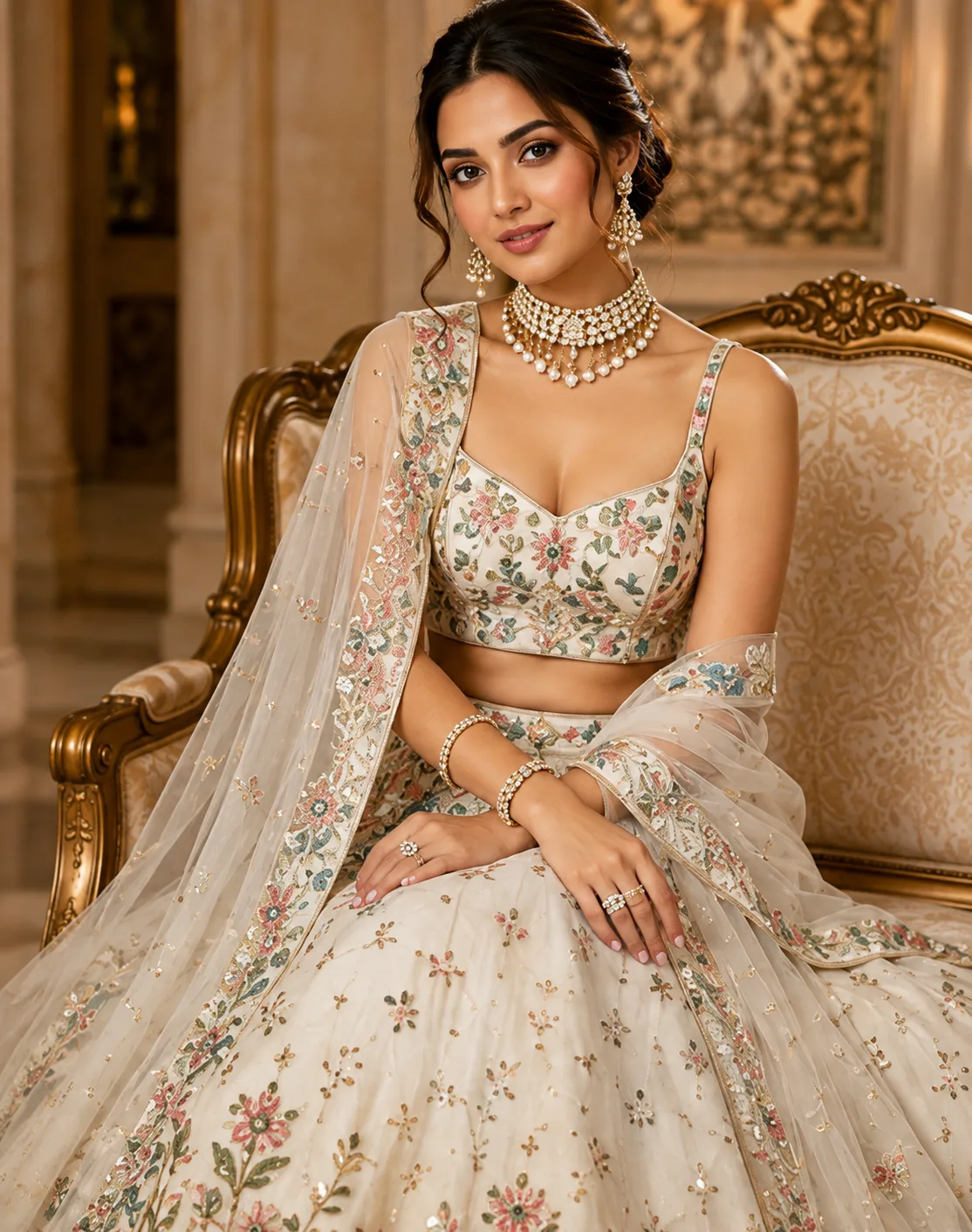 Cream color georgette embroidery lehenga choli
