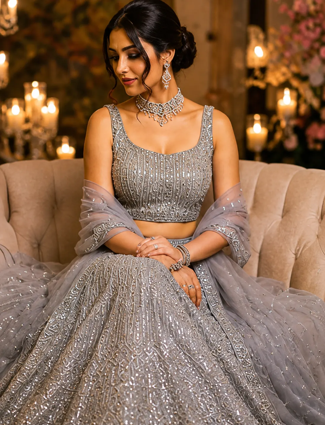 Grey colored georgette lehenga choli