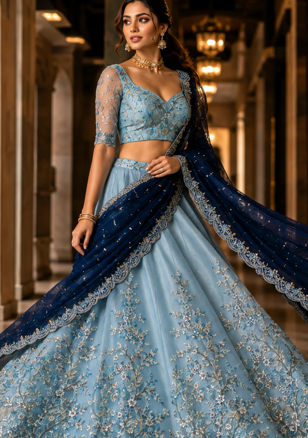  Embroidered Semi Stitched Lehenga Choli (Blue)