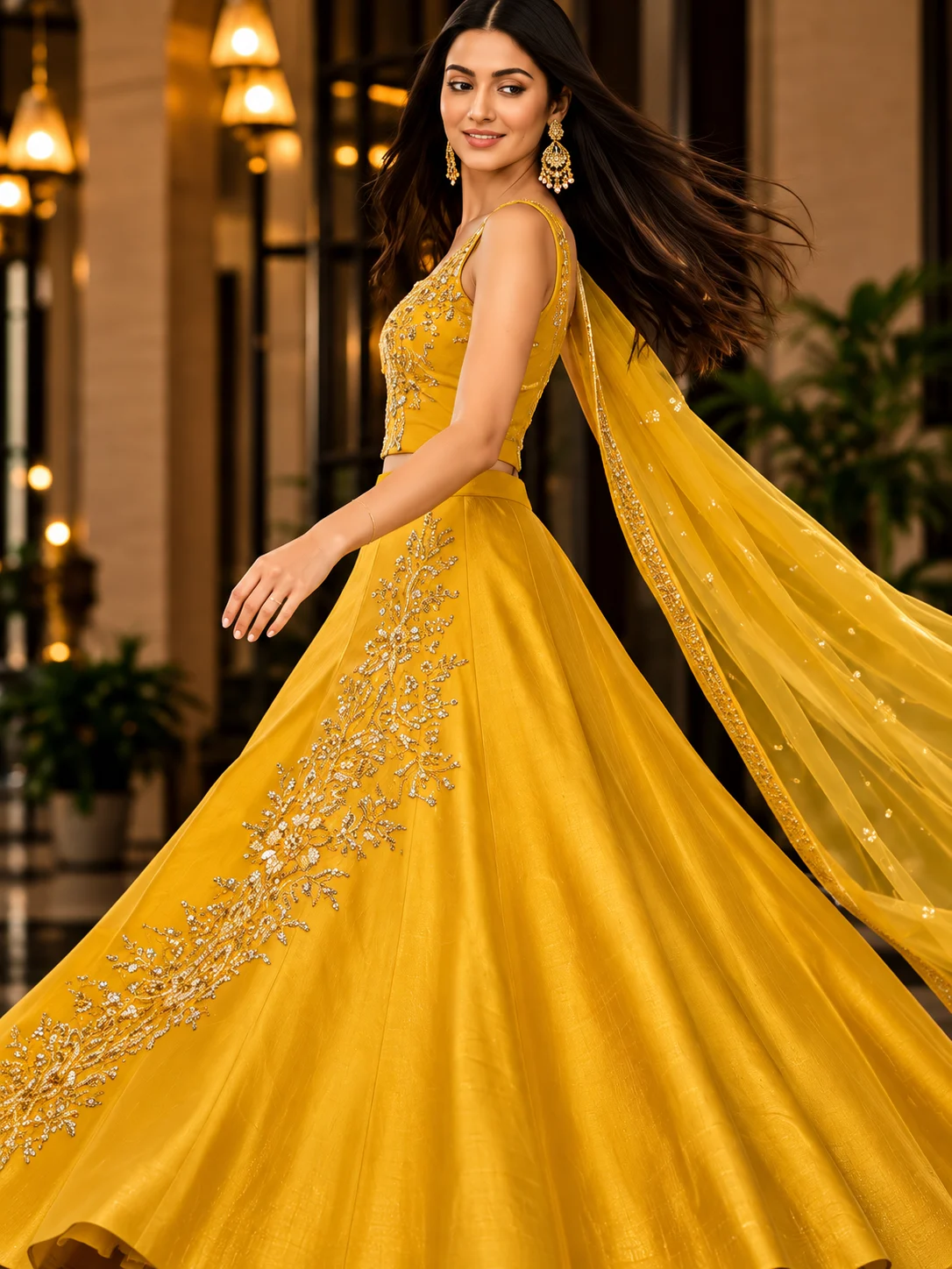 Yellow Art Silk Embellished Skirt Set