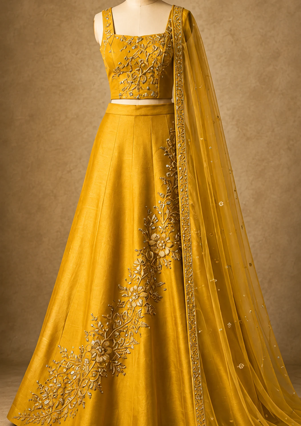 Yellow Art Silk Embellished Skirt Set
