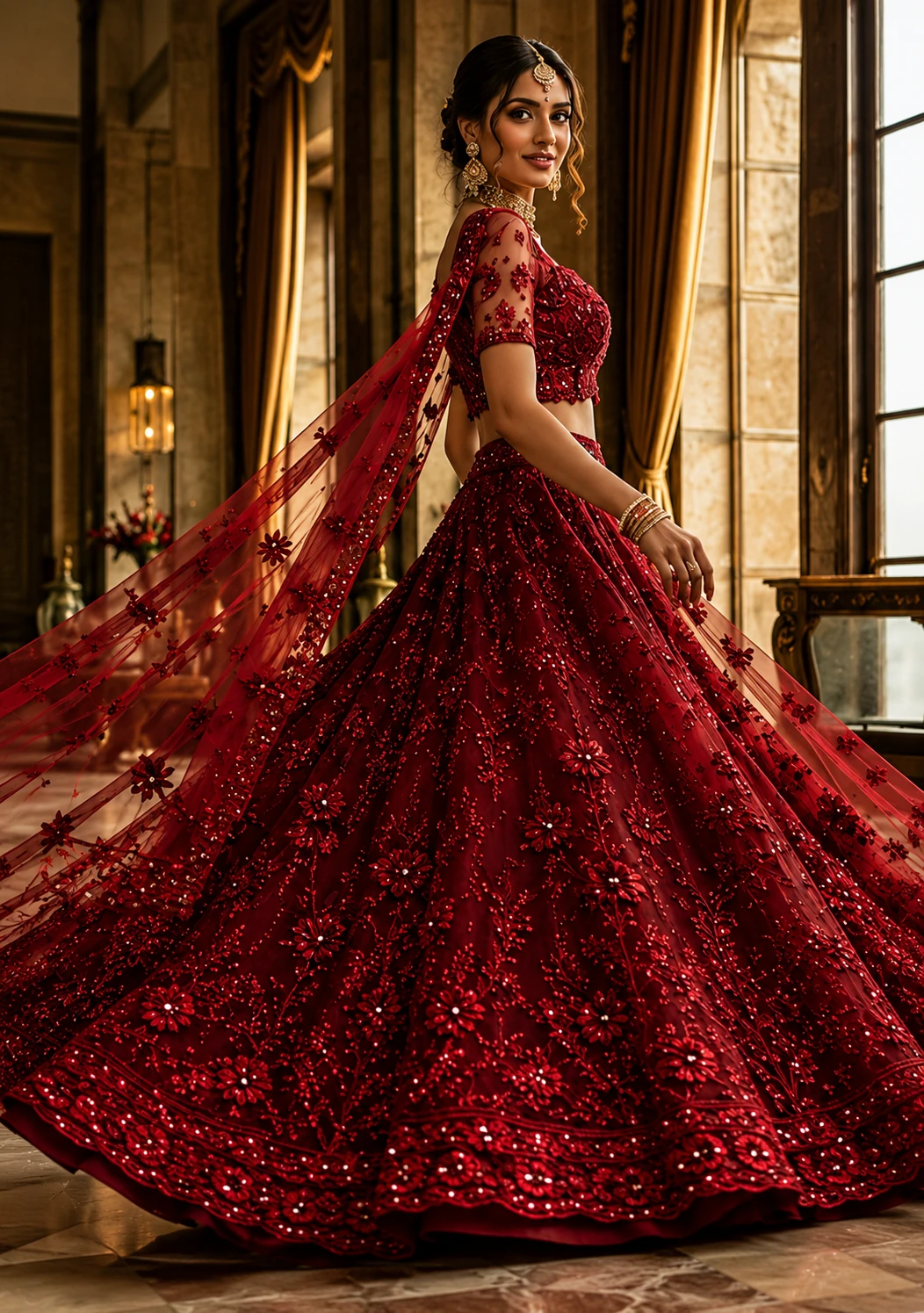 Red Butterfly Net Embroidered Sequins Lehenga Choli for Women & Girls