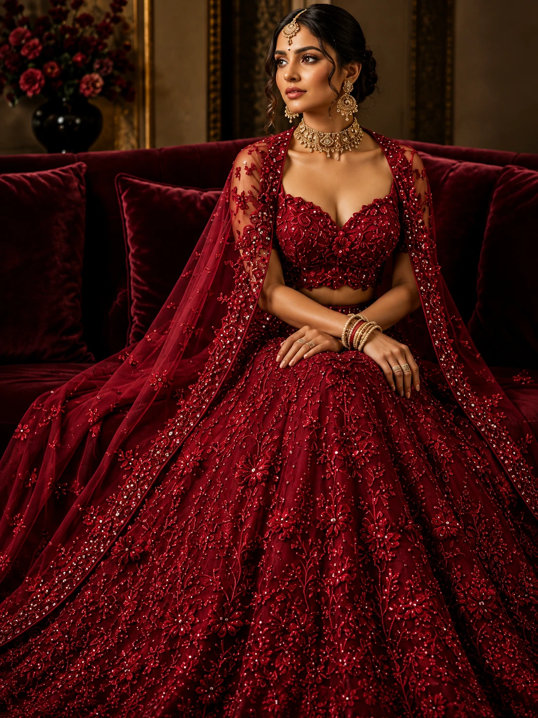 Red Butterfly Net Embroidered Sequins Lehenga Choli for Women & Girls