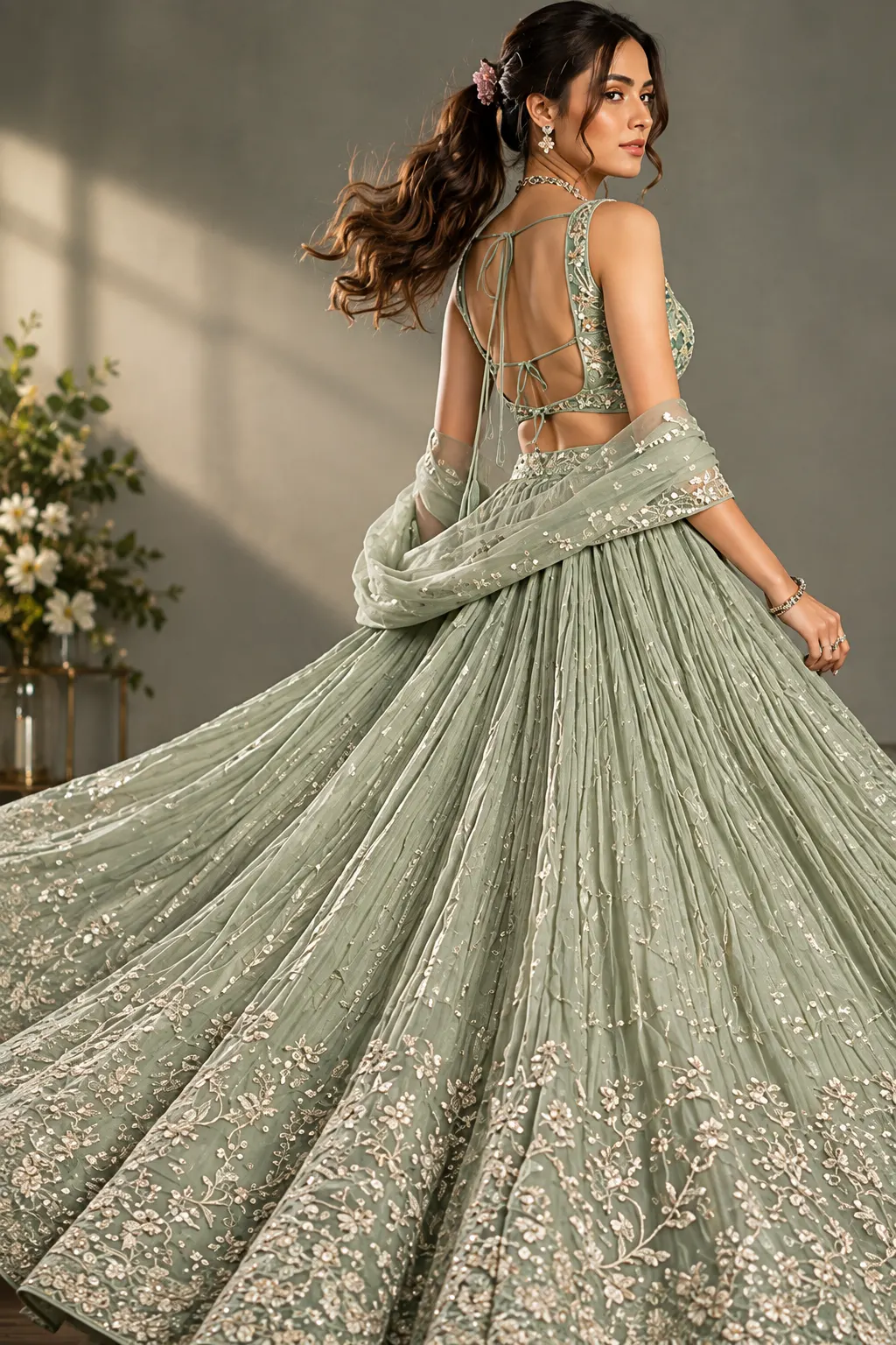 Sea Green Party Wear Georgette Crush Work Lehenga Choli