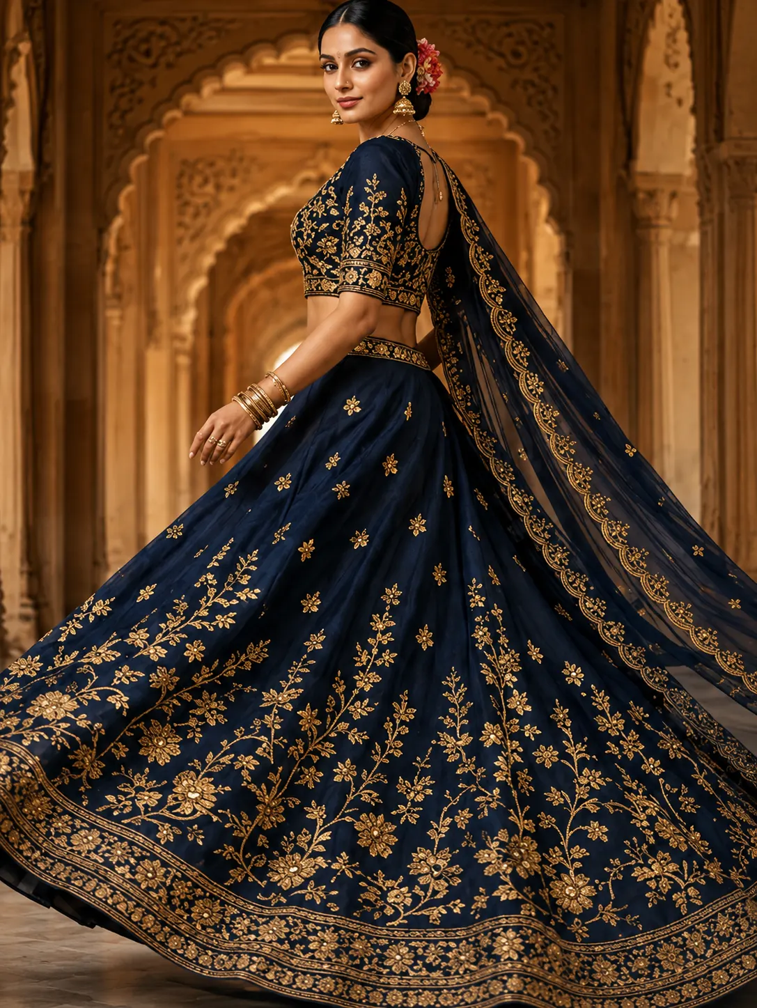 Embroidered Semi Stitched Lehenga Choli (Dark Blue)