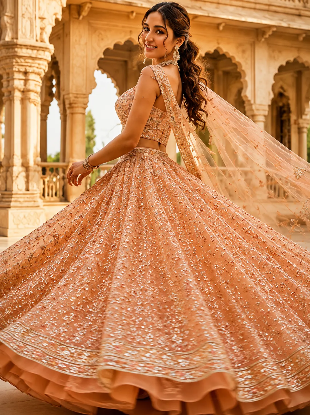 Light Peach Resham Embroidered Braidsmaids Lehenga with Sweetheart Neck