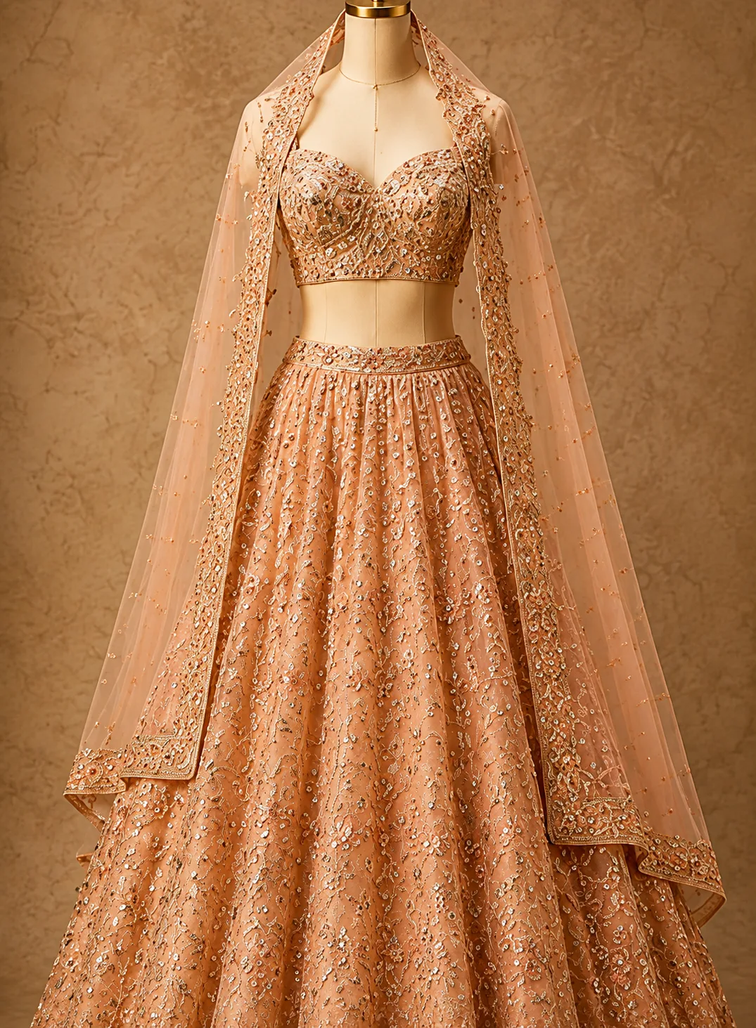 Light Peach Resham Embroidered Braidsmaids Lehenga with Sweetheart Neck
