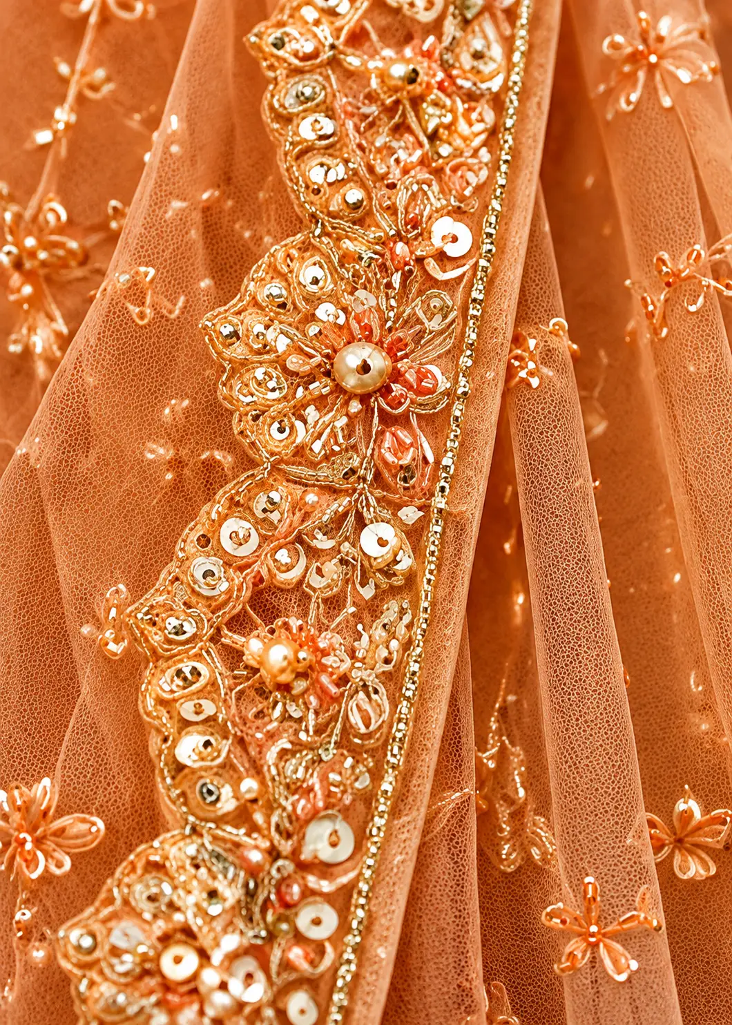 Light Peach Resham Embroidered Braidsmaids Lehenga with Sweetheart Neck
