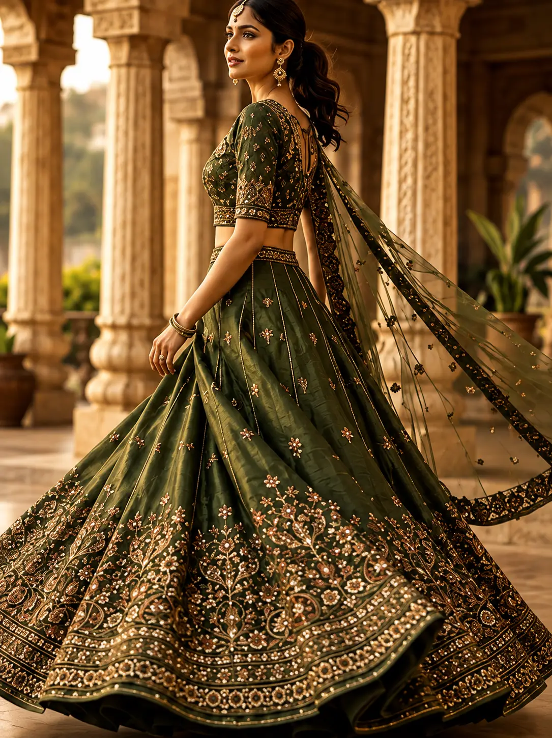 Green Silk Engagement Lehenga with Embroidered Elbow Sleeve Blouse